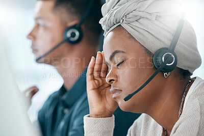 Buy stock photo Headset, call center and black woman with headache, stress and anxious being overworked in office. Frustrated, customer support agent and burnout with depression, pain and migraine sitting at desk.
