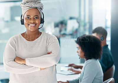 Buy stock photo Contact us, call center and portrait of customer service consultant ready for work, customer support or online help desk. Confidence, telecom agent and sales success for telemarketing black woman