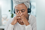 Black woman stress, call center consultant in office closeup while working at customer support hotline. Customer service woman, anxiety burnout with mental health and work depression in crm workplace