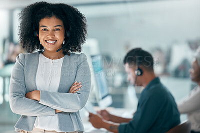 Buy stock photo Call center, support and black woman consulting, working and giving help to people on the web in telemarketing office. Portrait of a customer service agent with arms crossed, pride and smile for crm
