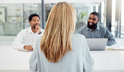 Buy stock photo Recruitment, meeting and woman in a job interview with human resources or hr management team in an office. Hiring, managers or business people talking, speaking and searching for a new employee