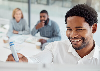 Buy stock photo Black man, writing and board in office for meeting, presentation and planning in marketing, goal or vision. Businessman, smile and pen for drawing, corporate and advertising for team, company or work