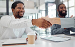 Handshake, collaboration and employees meeting, working and in celebration of business deal in office at work. Happy, smile and corporate workers shaking hands for success, partnership and contract