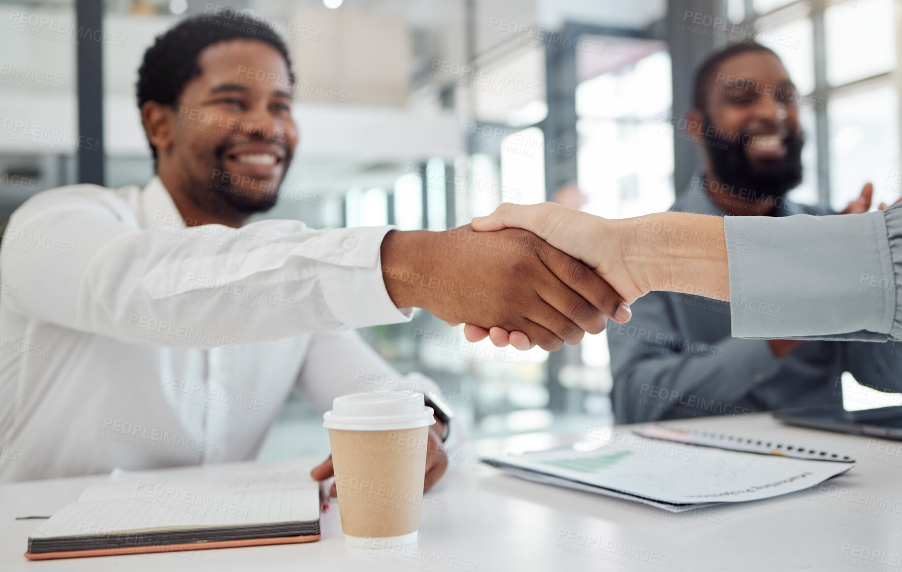 Buy stock photo Handshake, collaboration and employees meeting, working and in celebration of business deal in office at work. Happy, smile and corporate workers shaking hands for success, partnership and contract