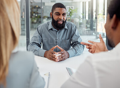 Buy stock photo Hiring, recruitment and job interview businessman with Human Resources manager for salary negotiation strategy, conversation and question. Corporate black man with hr team for b2b client opportunity