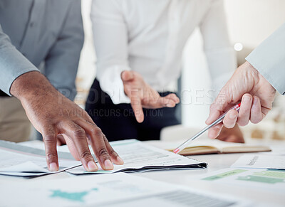 Buy stock photo Hands, paper and team planning marketing and advertising startup project for company development. Business people with collaboration, teamwork and strategy together on a table in a corporate office