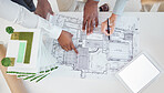 Top view, teamwork and architects hands on blueprint, model or building, architecture or construction project. Team, engineers and group planning development project, design sketch and tablet mockup
