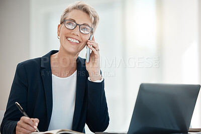 Buy stock photo Phone call, planning and business woman networking, thinking and working on idea for a corporate company. Happy, smile and creative manager talking on a mobile and writing creative plan in a notebook