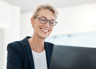 Buy stock photo Laptop, management and design with a female CEO, manager or boss working on a project in her office. Computer, creative and typing with a mature business woman or designer at work in her company