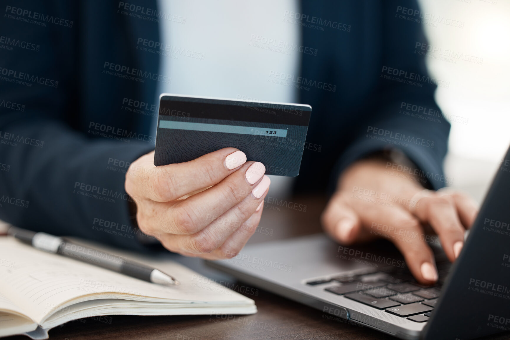 Buy stock photo Ecommerce, online shopping and hands of woman with credit card and laptop at desk with budget in notebook with ux. Online bank payment, checking balance or surfing internet website for discount sale 