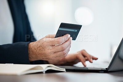 Buy stock photo Hand, laptop and credit card with an accountant online making a payment from a desk in the office. Computer, accounting and finance with a business person shopping or making an ecommerce purchase