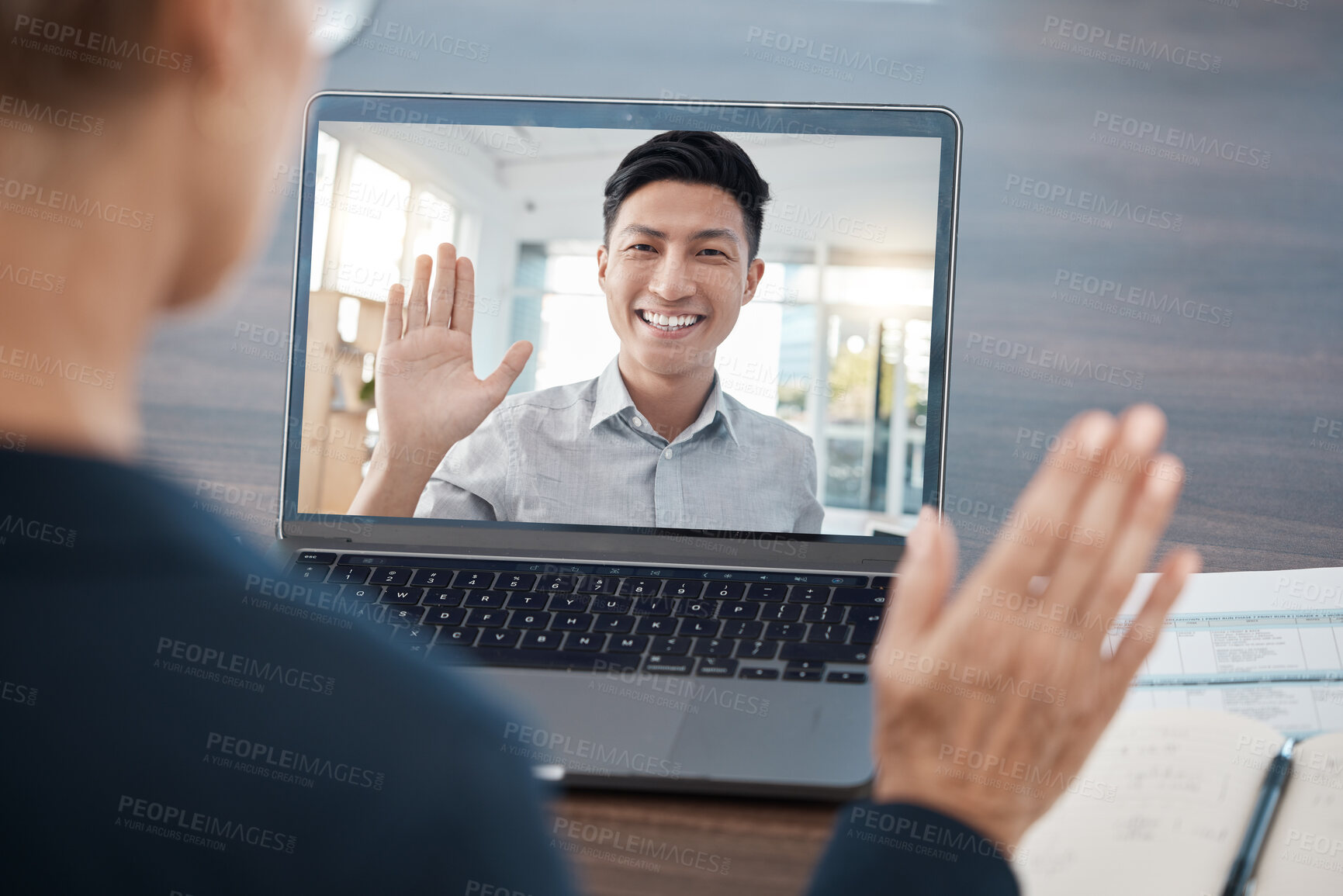 Buy stock photo Business people wave in a video call meeting via laptop networking, talking and planning a development project. Smile, communication and Asian employee in a b2b partnership with a corporate manager
