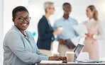 Black woman portrait, business laptop with smile in office and typing communication with coffee cup. Happy corporate woman, computer working at workplace desk with glasses and happiness in finance