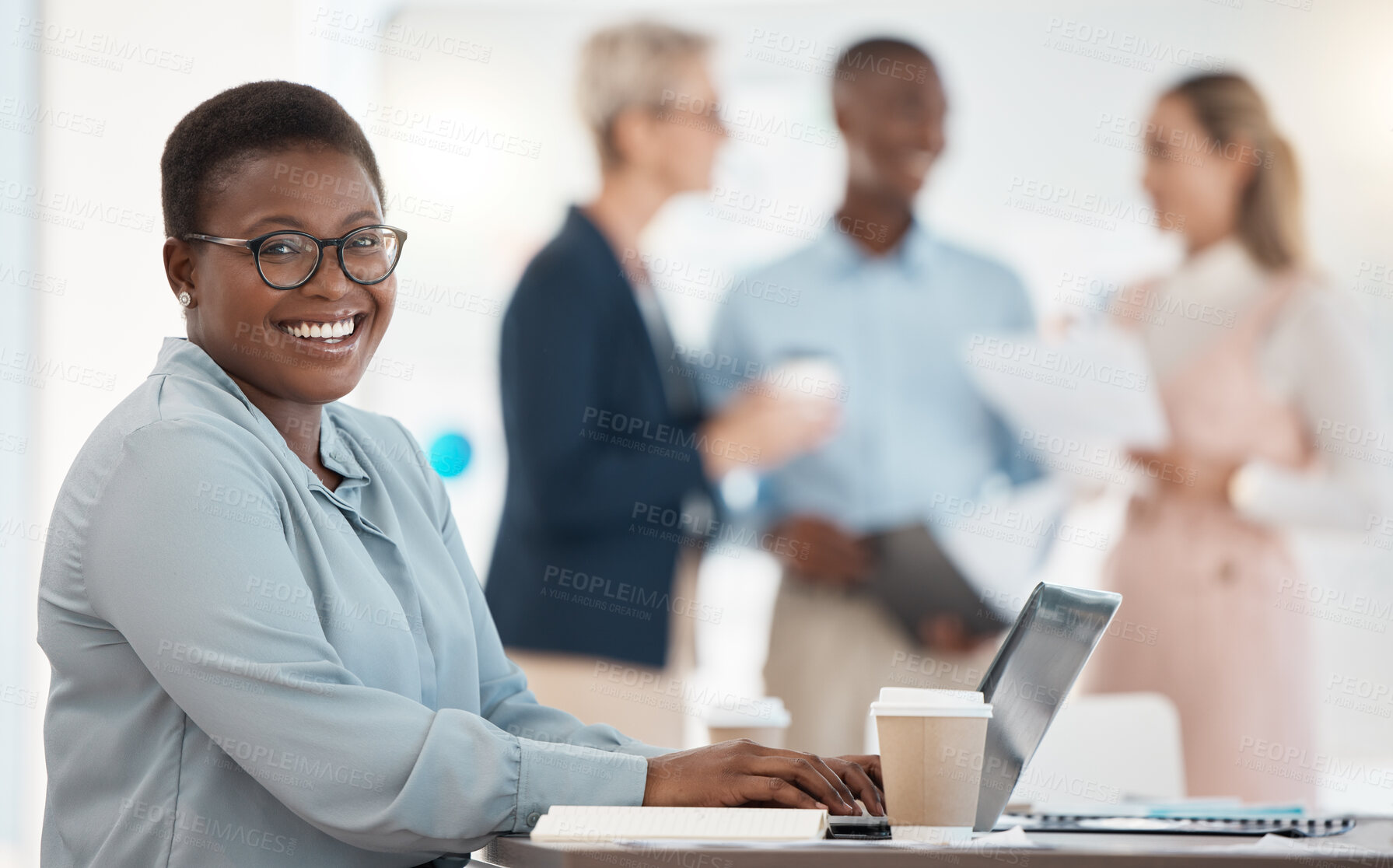 Buy stock photo Black woman portrait, business laptop with smile in office and typing communication on internet. Happy corporate woman, computer working at workplace desk with glasses and happiness in finance