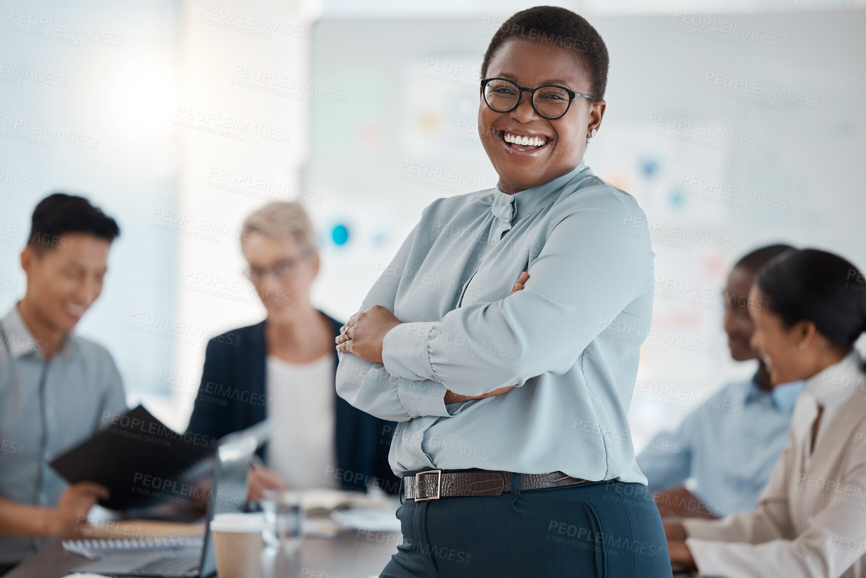 Buy stock photo Black woman, leader and business executive laughing and happy about corporate success, profit and growth development. Female entrepreneur in management, motivation and vision strategy meeting