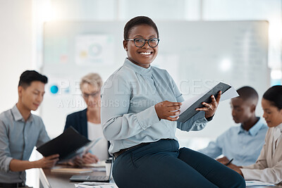 Buy stock photo Black woman, leadership and business meeting, team leading and planning strategy with business people in portrait. Leader, professional and corporate project collaboration, report and diversity.