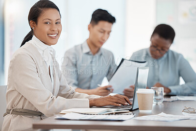 Buy stock photo Laptop, meeting and finance with a business woman and team in the boardroom for planning or strategy. Computer, accounting and teamwork with a female worker and employee group working in the office