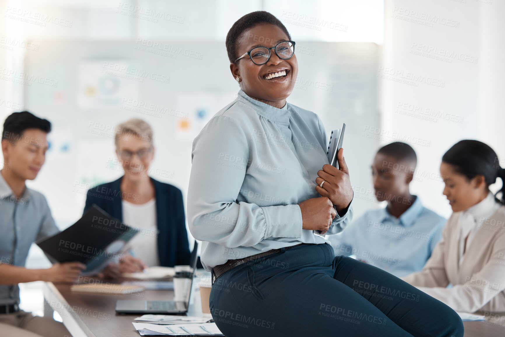 Buy stock photo Leader, ceo and manager happy with team development, planning and leadership in a marketing and advertising office. Portrait of a black woman smile in business meeting with work group in training