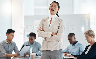 Buy stock photo Proud, leadership and business meeting woman, manager or boss in corporate innovation portrait for success, planning goal and finance expert. Trust, our vision and professional executive management