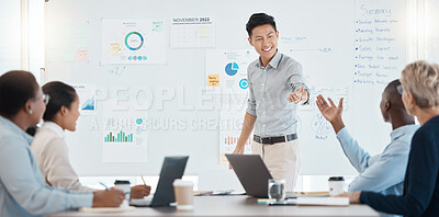 Buy stock photo Presentation, question and goal of people in marketing office for company planning or training. Whiteboard, statistics and strategy of happy marketer team with thoughts, diversity and ideas.

