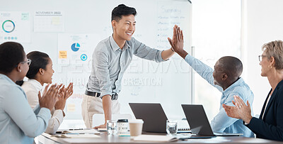 Buy stock photo High five, motivation and success with a team in a meeting for planning, strategy and training together. Support, teamwork and partnership with an employee group in celebration in the boardroom