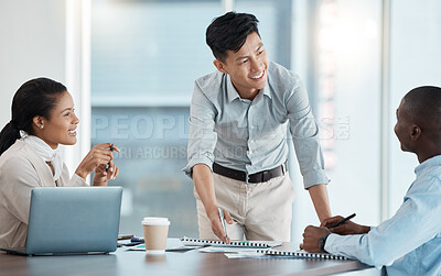 Buy stock photo Finance, happy and business people meeting about planning, investment and report on business at the company. Strategy, feedback and financial employees with a document for a partnership at work