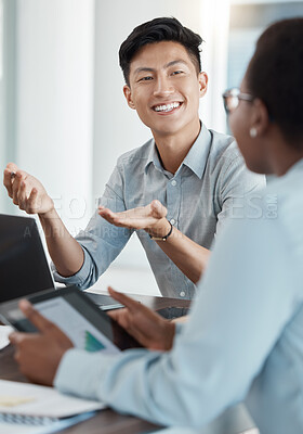 Buy stock photo Asian businessman, hand gesture or talking in teamwork meeting, digital marketing collaboration or strategy planning. Technology, smile or happy creative workers or designers with target audience kpi