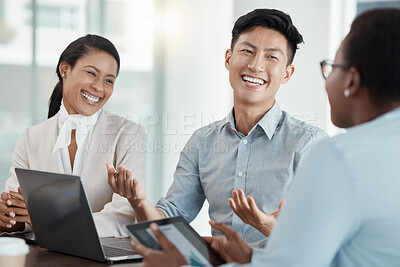 Buy stock photo Diversity, team and happy business tech meeting, tech startup and entrepreneurs conversation together. Corporate managers smile, digital marketing report plan and online stratergy in workplace office