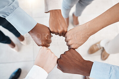 Buy stock photo Fist bump, office team and hands together with diversity to show work community, trust and success. Team building, support and winner hand sign of a workforce group showing teamwork and motivation 
