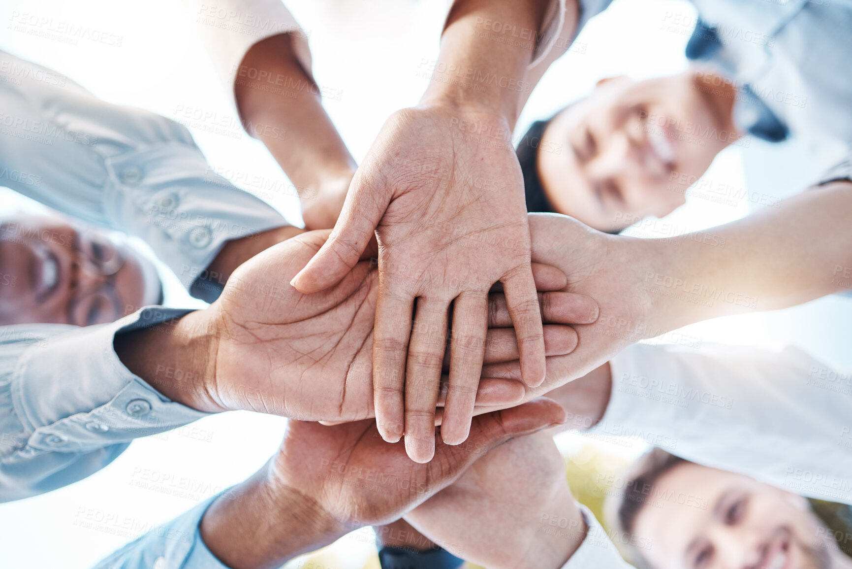 Buy stock photo Team building, diversity or hands in circle for teamwork, motivation or success, mission goals or company about us. Zoom of business people hand for support, trust or global community collaboration