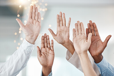 Buy stock photo Diversity, team and corporate hands in air together to volunteer with collaboration, business support and teamwork. Company community, group motivation and productive office staff financial law firm 