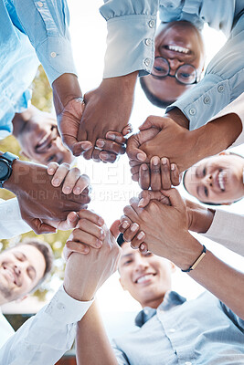Buy stock photo Low angle, business people and holding hands in support circle, community partnership or team building motivation. Smile, happy or teamwork diversity in trust, collaboration or growth mission success