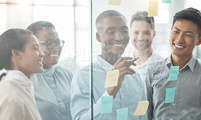 Buy stock photo Business people, diversity and planning in collaboration with sticky notes for teamwork at office. Diverse group of creative employee workers in strategy, post it or brainstorming for project tasks