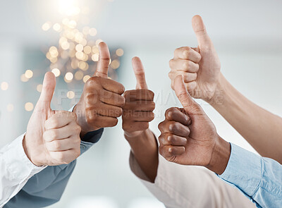 Buy stock photo Thumbs up, success hands and teamwork collaboration of office diversity team feeling job community. Thank you, winner and yes hand sign of people and staff together showing happy and goal gesture 