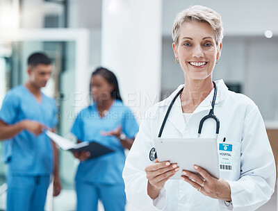 Buy stock photo Senior woman, doctor and tablet with smile for medical research, innovation and medicine at the hospital. Portrait of elderly female healthcare professional smiling with technology for Telehealth