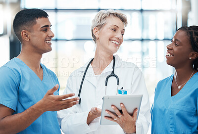 Buy stock photo Tablet, healthcare and doctors in communication with advice and planning a consultation at a hospital. Diversity, teamwork and medical workers in collaboration for help on health results on tech