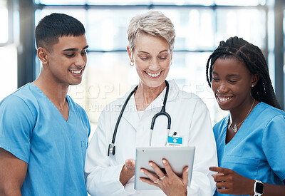 Buy stock photo Medical teamwork, digital tablet and collaboration of doctors, nurse and surgeon planning research, medicine and analytics in hospital. Happy diversity group of healthcare employees consulting online