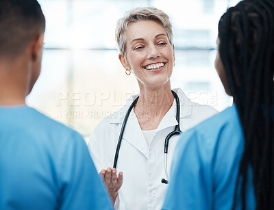 Buy stock photo Healthcare, doctor and nurse meeting for hospital planning, kpi update report and leadership support, teamwork and innovation. Medical professional, expert and manager with diversity staff discussion