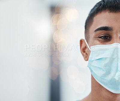 Buy stock photo Man, face mask for covid and health closeup, safety from disease or virus mockup, with healthcare and medicine portrait. Indian person, clinic and medical policy with protection during pandemic.