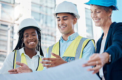 Buy stock photo Architect team, blueprint and meeting for construction planning, discussion or collaboration on site. Happy industrial engineers in teamwork conversation for building, architecture or project plan