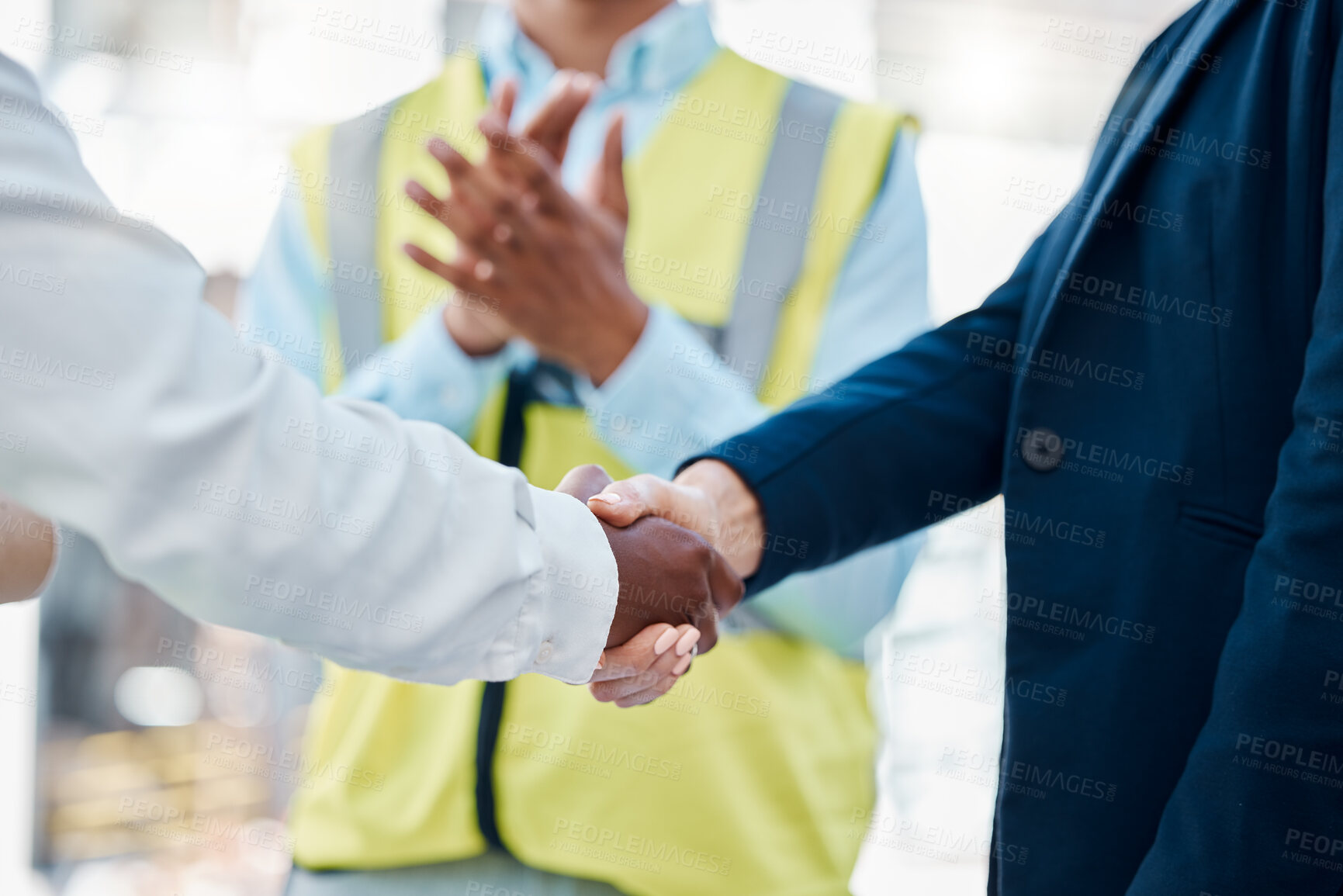 Buy stock photo Welcome, B2B or business people shaking hands in corporate partnership, collaboration or success company deal. Handshake, thank you or teamwork for business meeting trust or creative strategy support