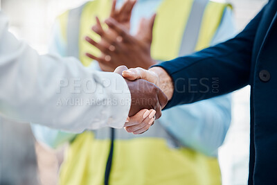 Buy stock photo Handshake, success deal or partnership for construction worker, building engineer or architect finance, sales or investment funding. Zoom, men or architecture woman in agreement on real estate goals