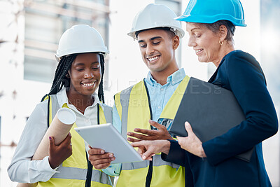 Buy stock photo Architecture, construction and architects planning with a tablet for building, renovation and design on internet. Engineering, teamwork and workers with strategy on tech for industrial infrastructure