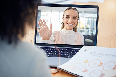 Buy stock photo Video call, laptop screen and women in business, digital marketing or virtual b2b communication for website development, portfolio and company update. global employees in a webinar zoom call talking