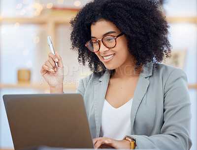 Buy stock photo Business woman, laptop and happy with planning, strategy and success in online research for startup project. Corporate  employee with analytics, innovation and market research at advertising company