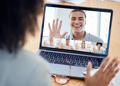 Buy stock photo Meeting, laptop and business people on an online video call planning a corporate project together. Teamwork, collaboration and group of employees on a video conference or webinar with a computer.
