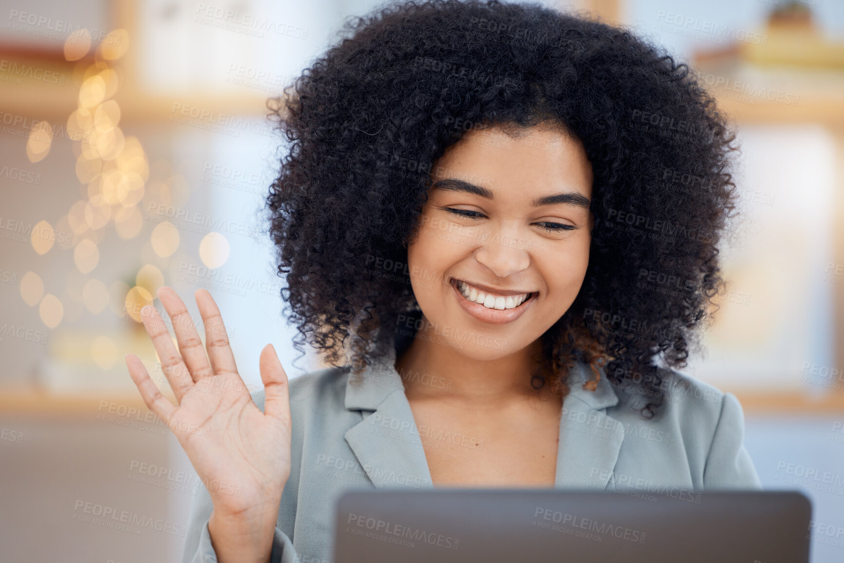 Buy stock photo Wave, video call and communication with a black woman in business networking on a laptop in her office at work. Computer, internet and video conference with a female employee in a remote meeting