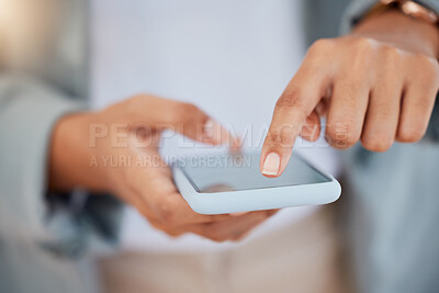 Buy stock photo Hands of business woman, phone and social media, communication or texting. Mobile, smartphone and person on 5g network web surfing, internet browsing or networking online while at workplace office


