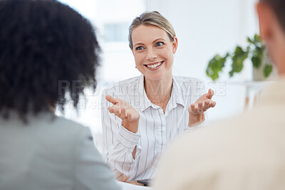 Buy stock photo Teamwork, meeting and leading businesswomen in strategy planning for innovative business idea. Gesture, talking and group in workshop for training collaboration. Office, manager and mentor ideas 