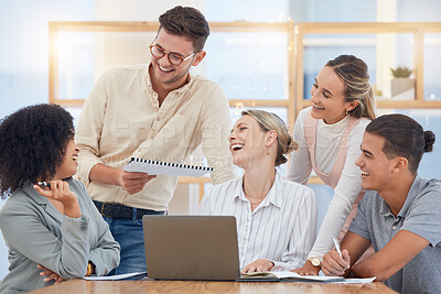 Buy stock photo Teamwork, collaboration and funny business meeting with happy, diversity and creative employees with laptop for planning, strategy and discussion. Office team, men and women talk agenda management